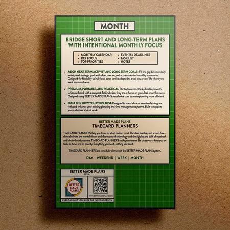 Back of packaging for Better Made Plans Timecard Series Month planner on a kraft paper background.