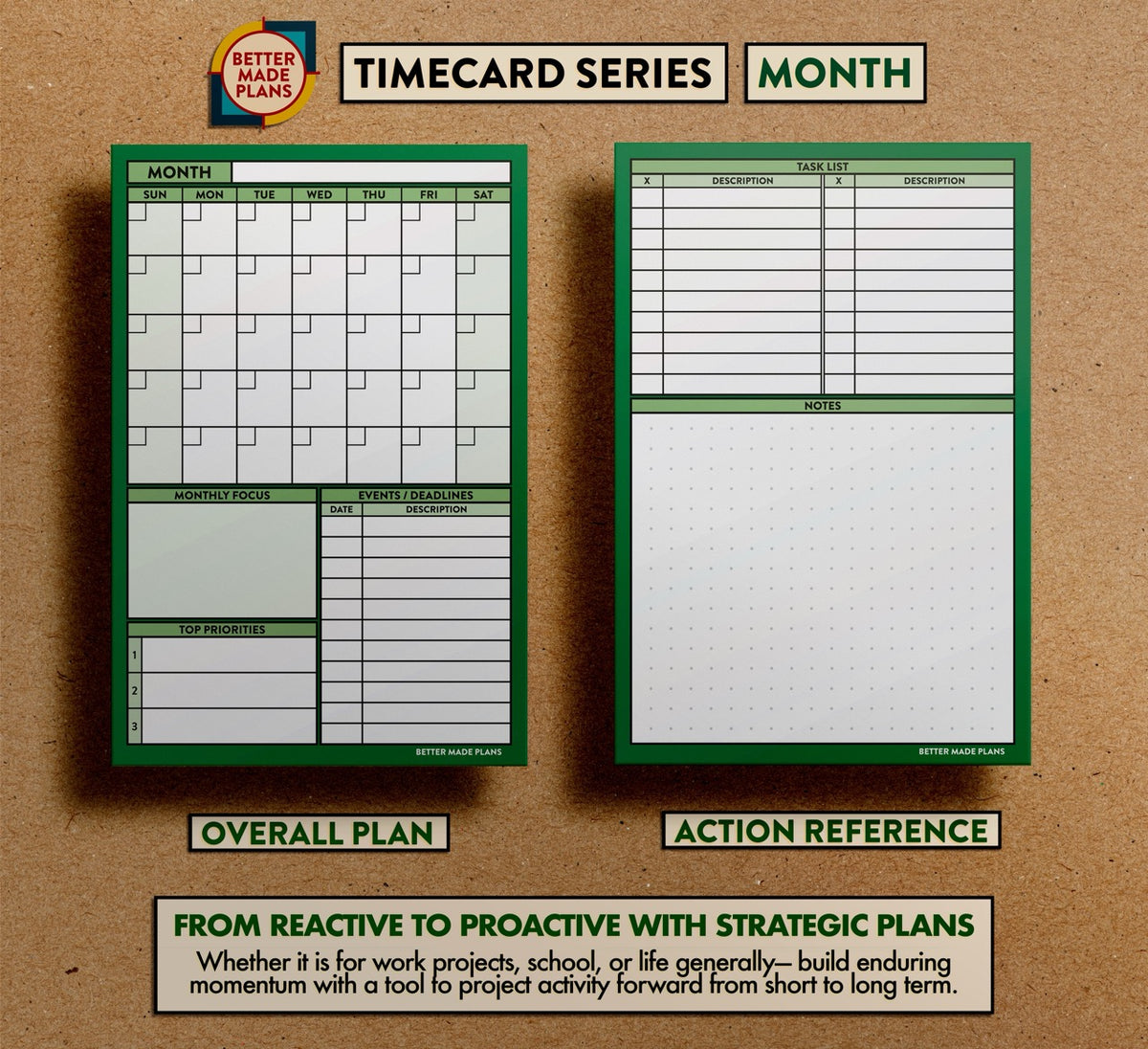 Front and back view of Better Made Plans Month planning card. Text at the bottom reads: From reactive to proactive with strategic plans. Whether it is for work projects, school, or life generally— build enduring momentum with a tool to project activity forward from short to long term.
