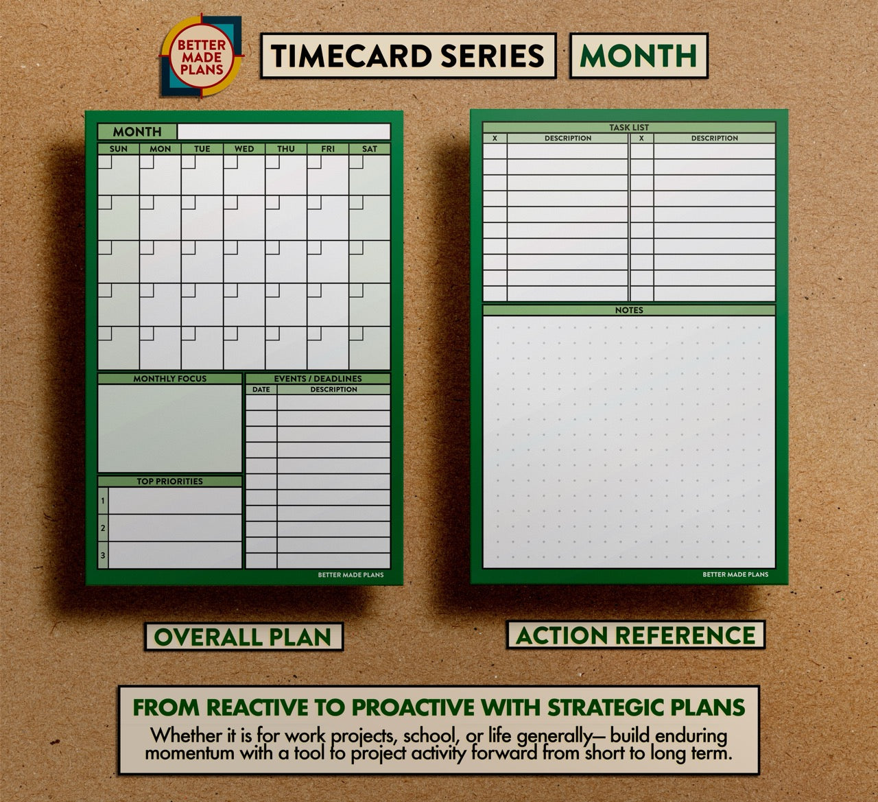 Front and back view of Better Made Plans Month planning card. Text at the bottom reads: From reactive to proactive with strategic plans. Whether it is for work projects, school, or life generally— build enduring momentum with a tool to project activity forward from short to long term.
