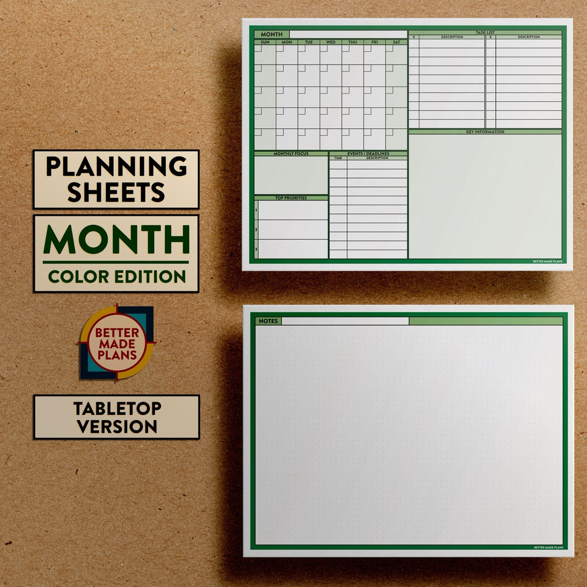 Front and back views of Better Made Plans Planning Sheets Month Version Color Tabletop Edition.