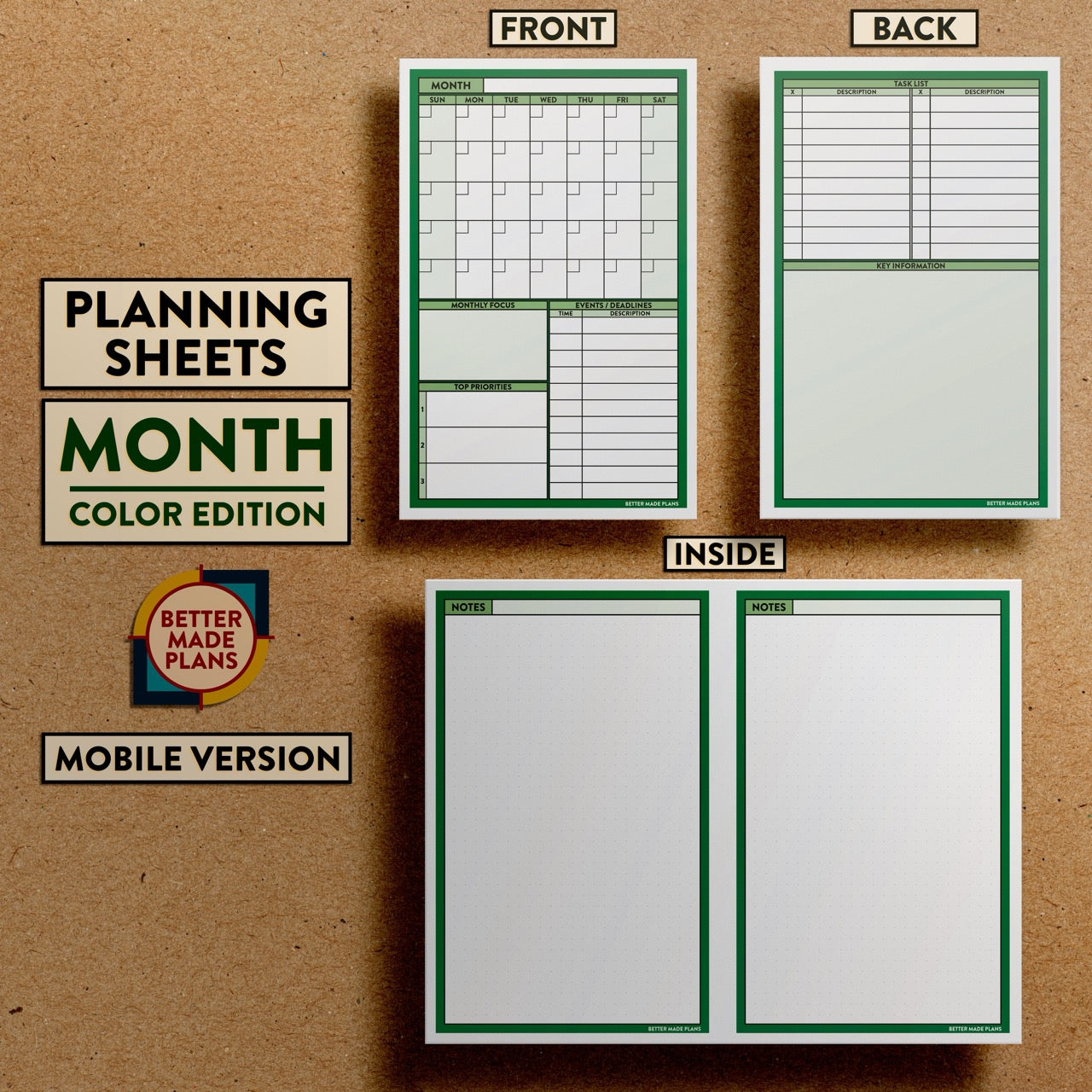 Front and back views of Better Made Plans Planning Sheets Month Version Color Mobile Edition.