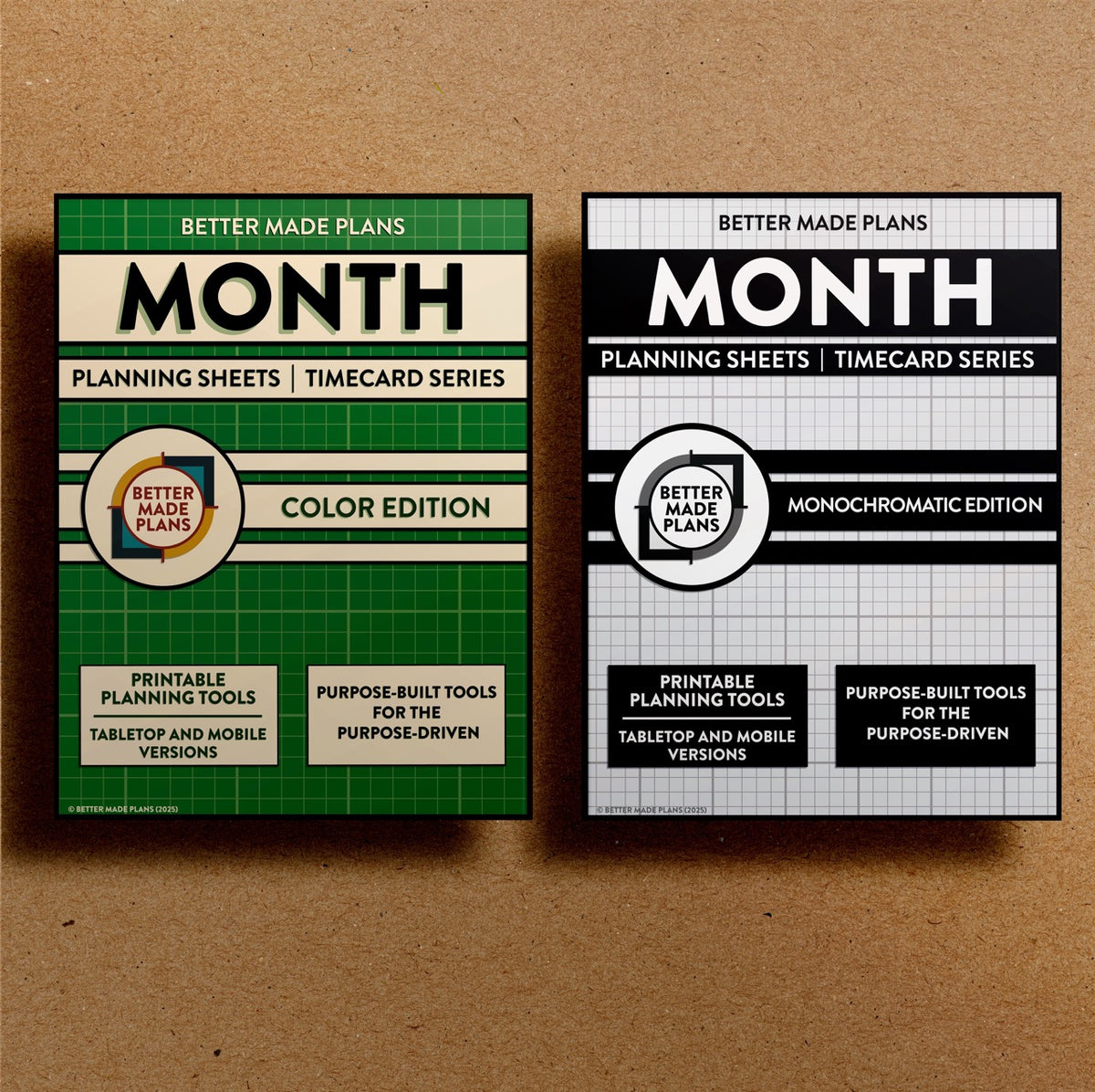 Front cover of the Better Made Plans printable Month Planning Sheets planner for both the color and monochromatic editions. Brown kraft paper background.