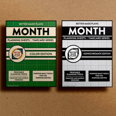 Front cover of the Better Made Plans printable Month Planning Sheets planner for both the color and monochromatic editions. Brown kraft paper background.