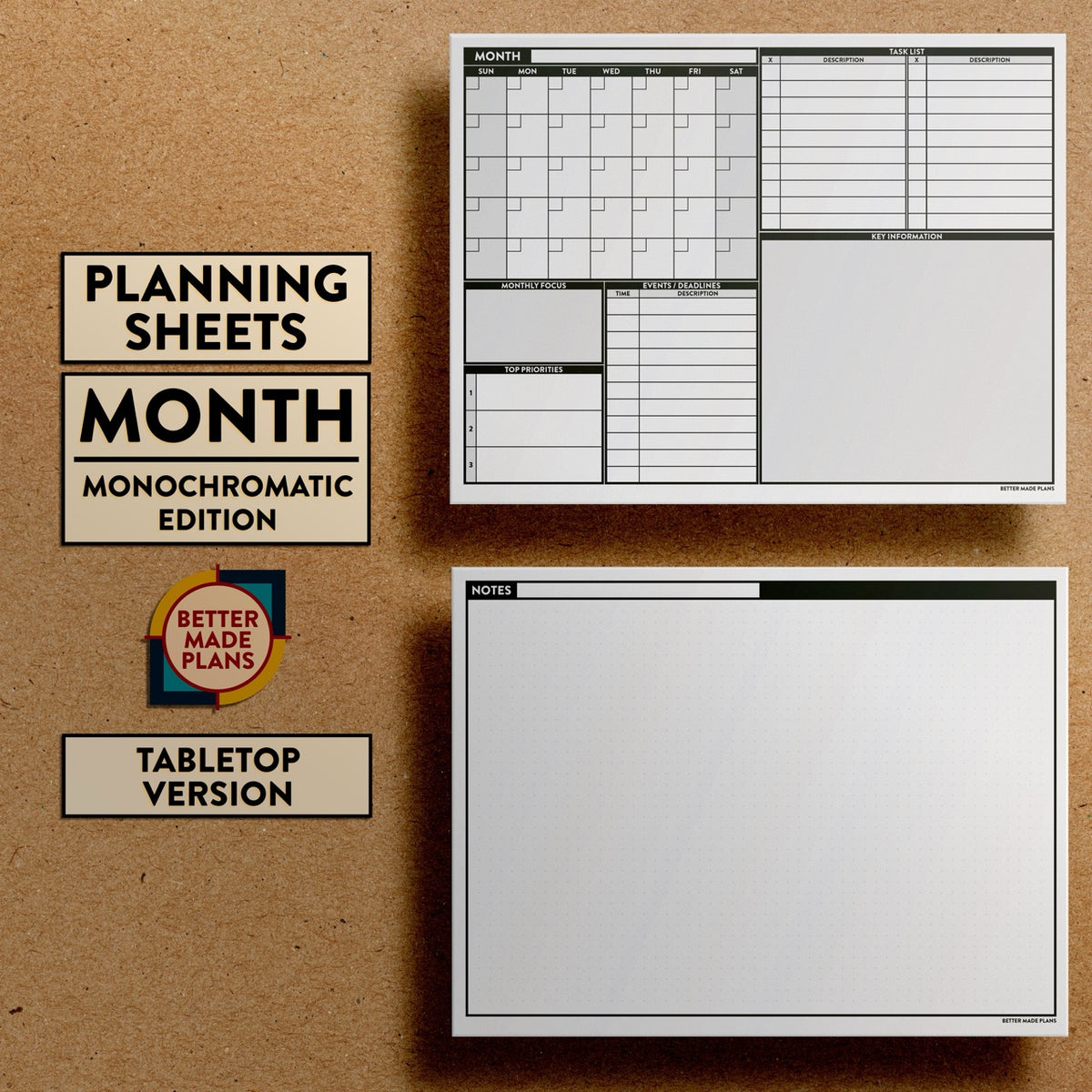 Front and back views of Better Made Plans Planning Sheets Month Version Monochromatic Tabletop Edition.