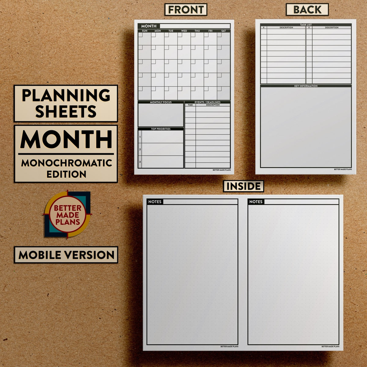 Front and back views of Better Made Plans Planning Sheets Month Version Monochromatic Mobile Edition.