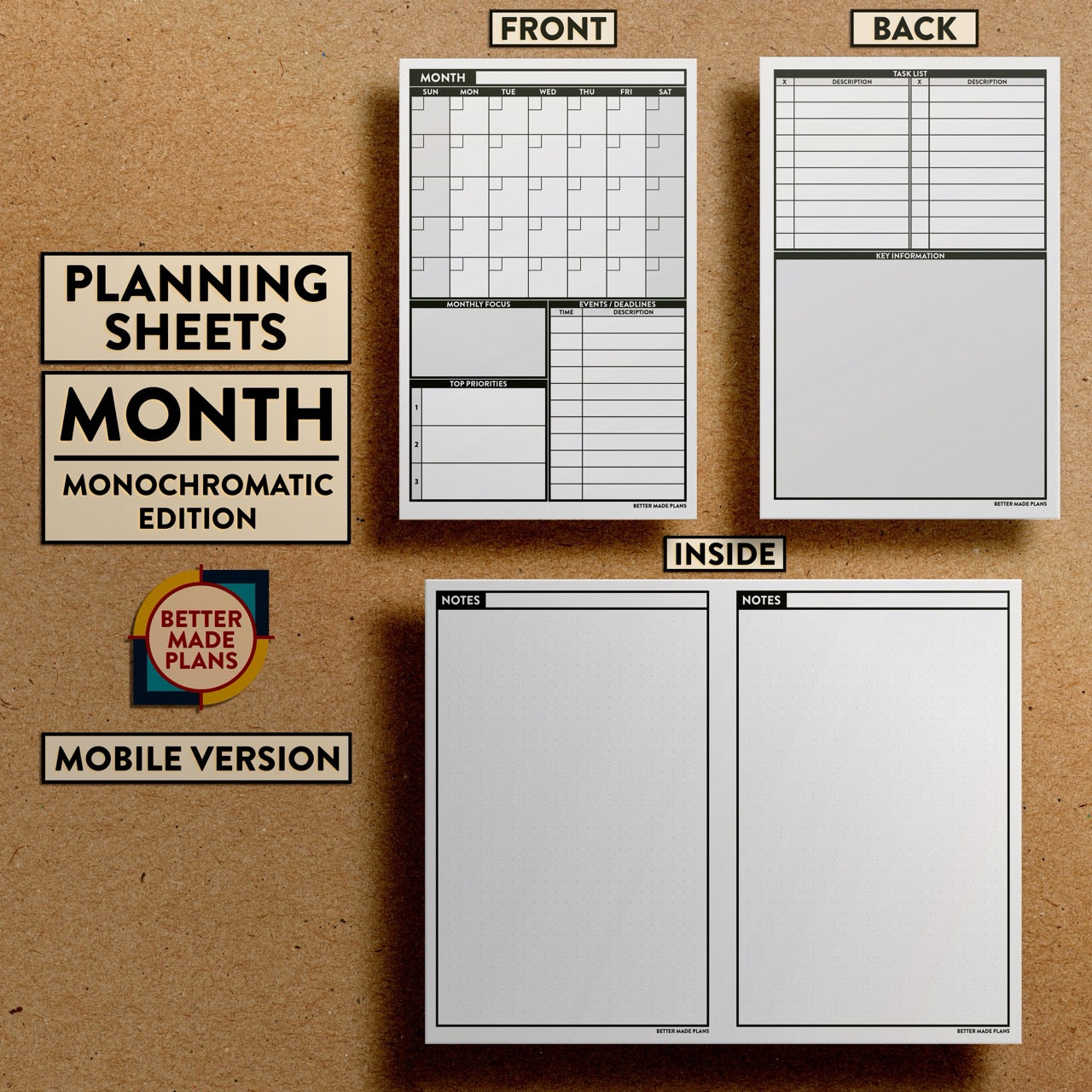 Front and back views of Better Made Plans Planning Sheets Month Version Monochromatic Mobile Edition.