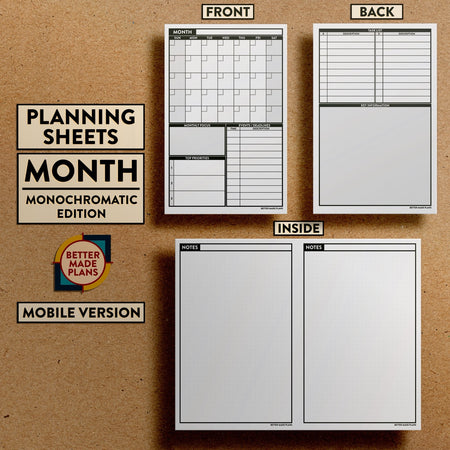 Front and back views of Better Made Plans Planning Sheets Month Version Monochromatic Mobile Edition.