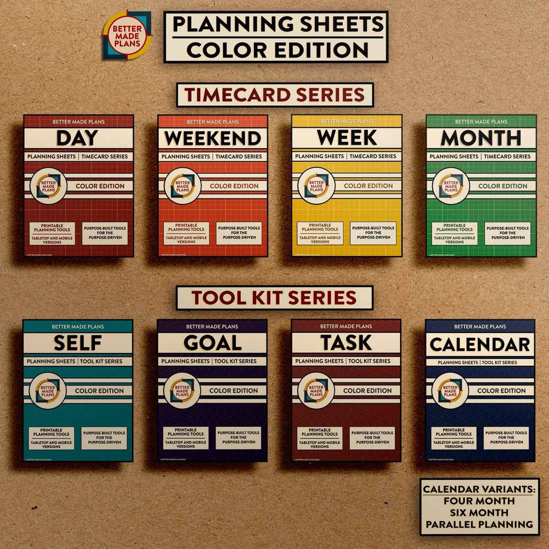 Composite showing all the covers of Better Made Plans printable Planning Sheet color versions on a kraft background.