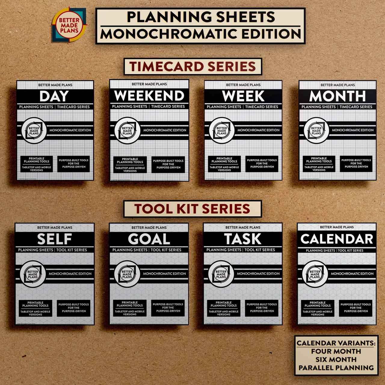 Composite showing all the covers of Better Made Plans printable Planning Sheet monochromatic versions on a kraft background.