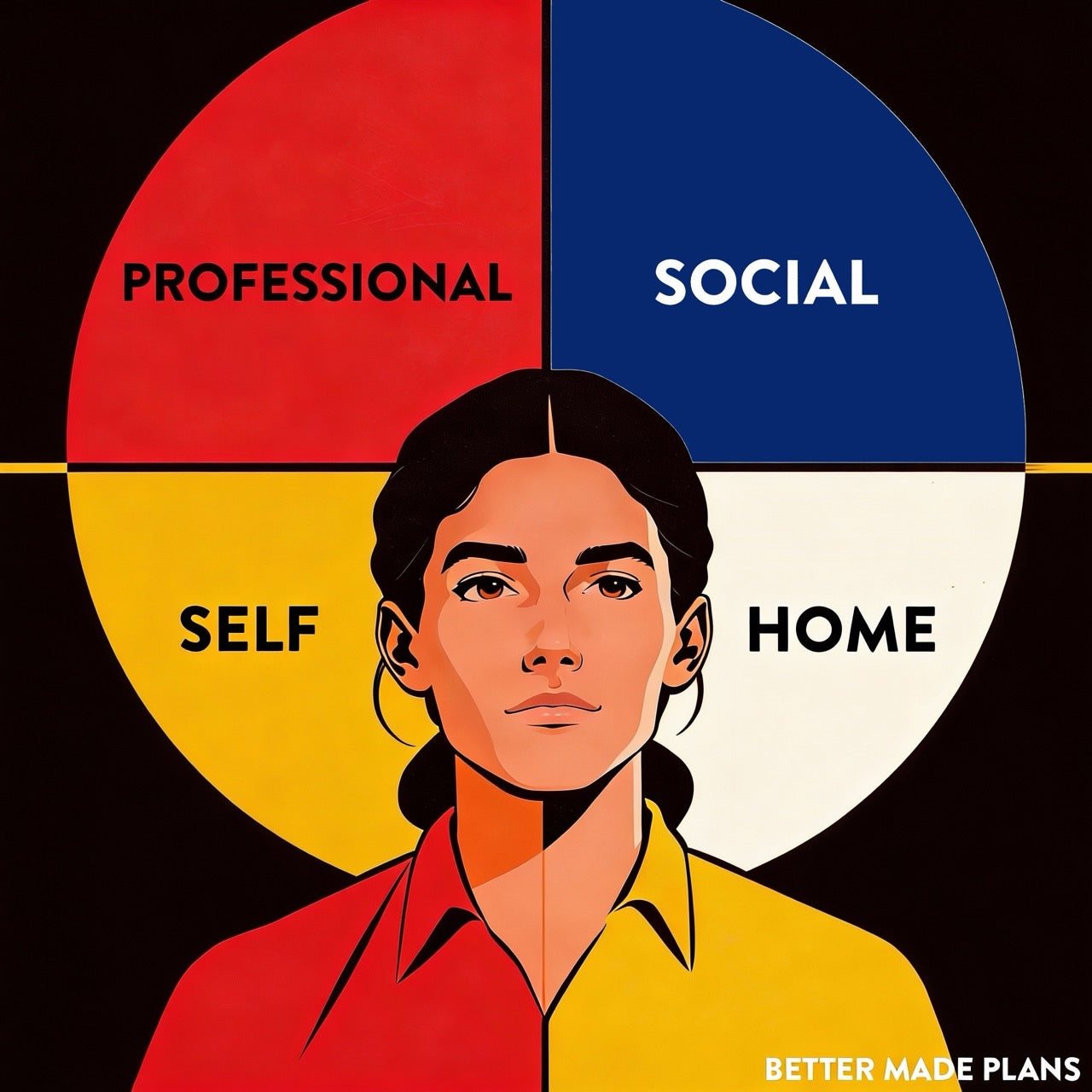 Illustration of a woman facing the camera with a circle divided into quadrants labeled Professional, Social, Self, and Home behind her.
