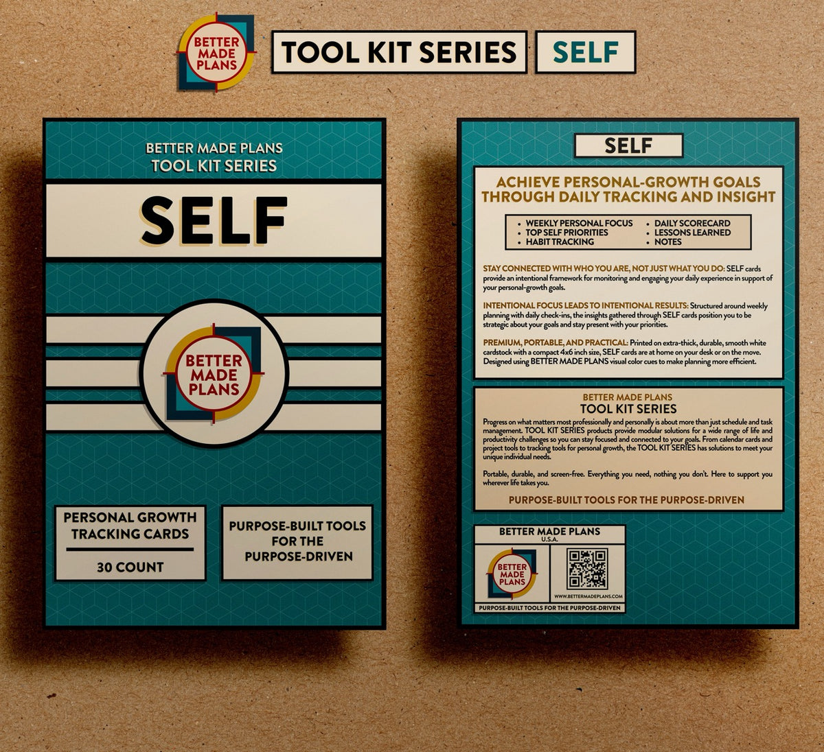 Front and back of packaging for Better Made Plans Tool Kit Series Self planner on a brown kraft paper background.