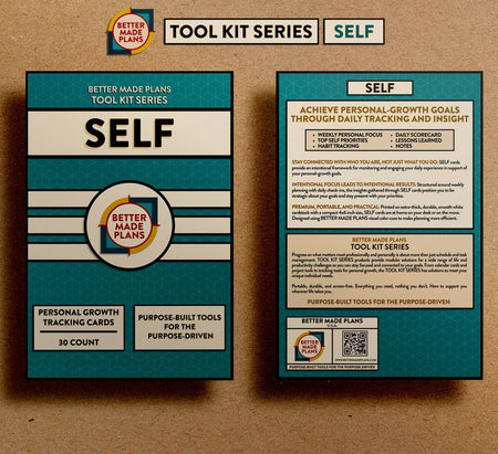 Front and back of packaging for Better Made Plans Tool Kit Series Self planner on a brown kraft paper background.
