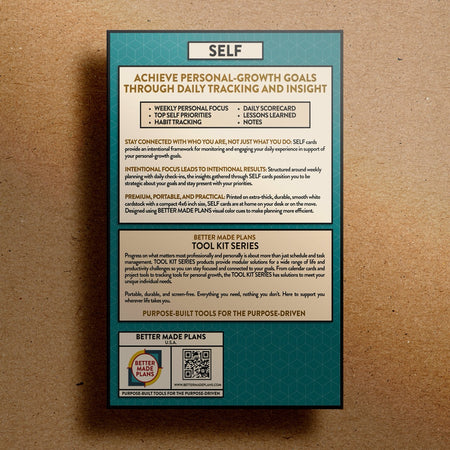 Back of packaging for Better Made Plans Tool Kit Series Self planner on a kraft paper background.
