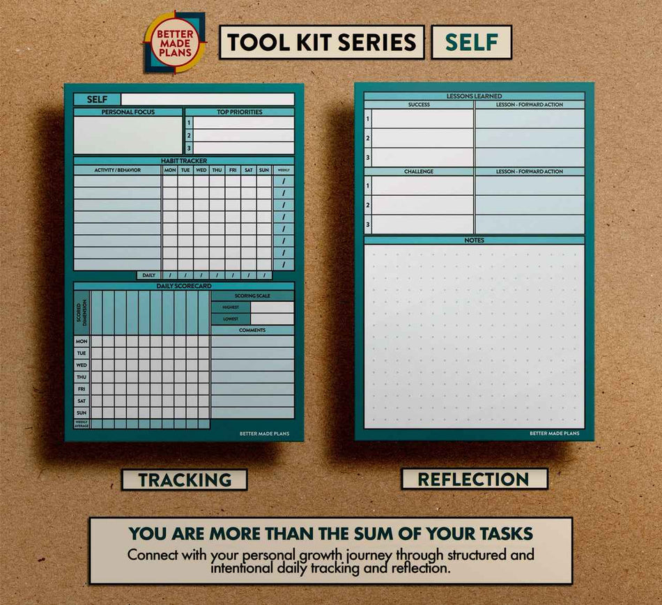 Better Made Plans Self planning card with front and back views on kraft paper background. Text at the bottom reads: You are more than the sum of your tasks. Connect with yoru personal growth journey through structured and intenttional daily tracking and reflection.