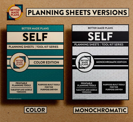 Comparison picture of the covers for color and monochromatic versions of the Better Made Plans Planning Sheets series Self edition. Covers appear on a brown kraft paper background with black and white labels.