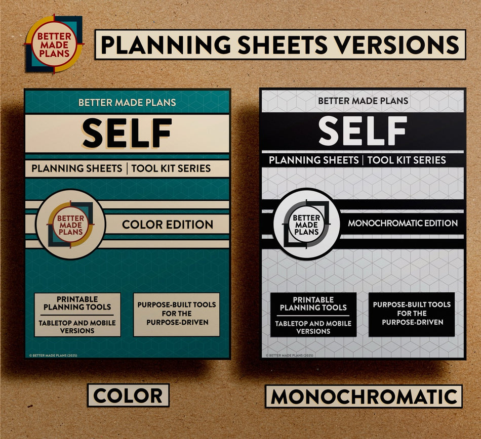 Comparison picture of the covers for color and monochromatic versions of the Better Made Plans Planning Sheets series Self edition. Covers appear on a brown kraft paper background with black and white labels.