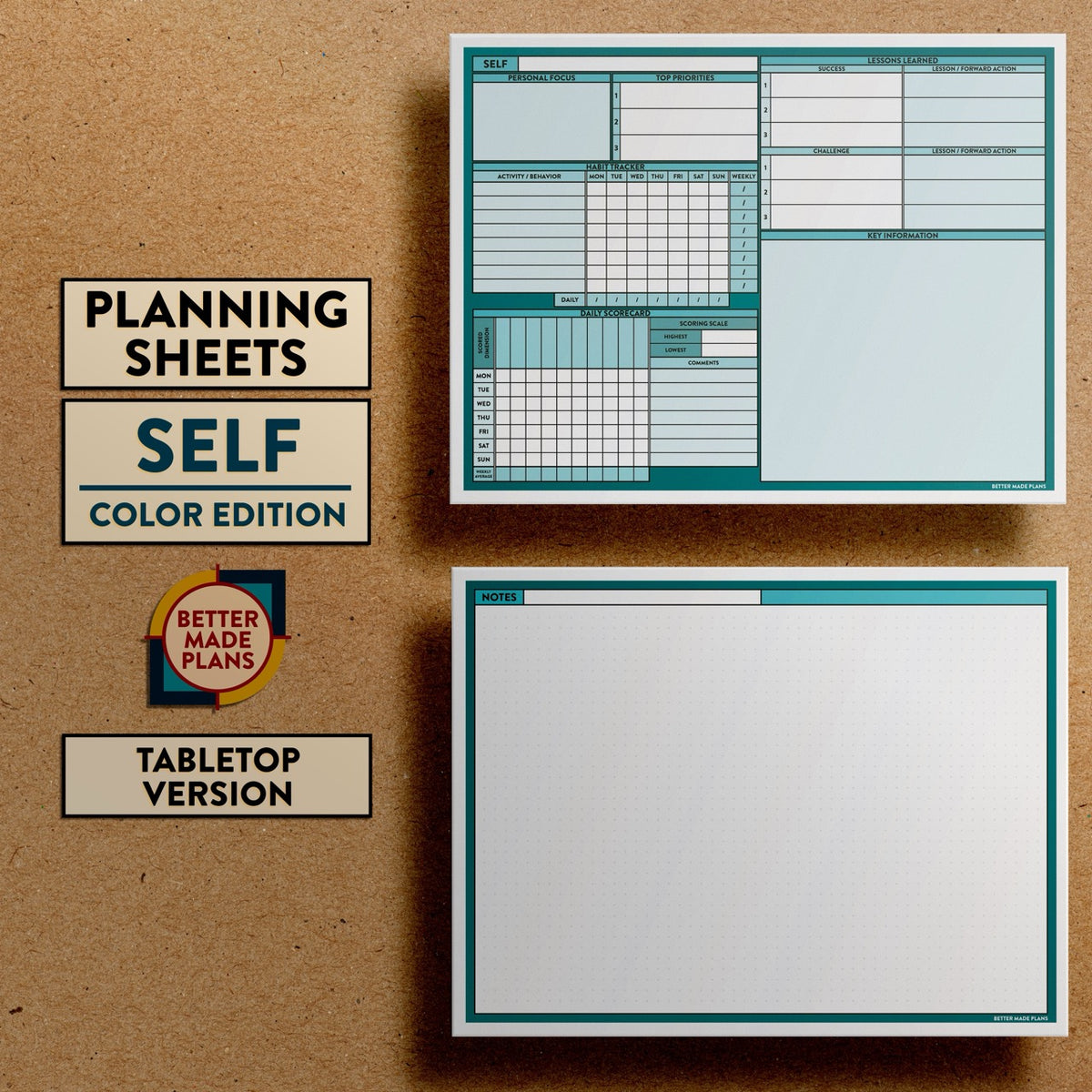 Front and back views of Better Made Plans Planning Sheets Self Version Color Tabletop Edition.