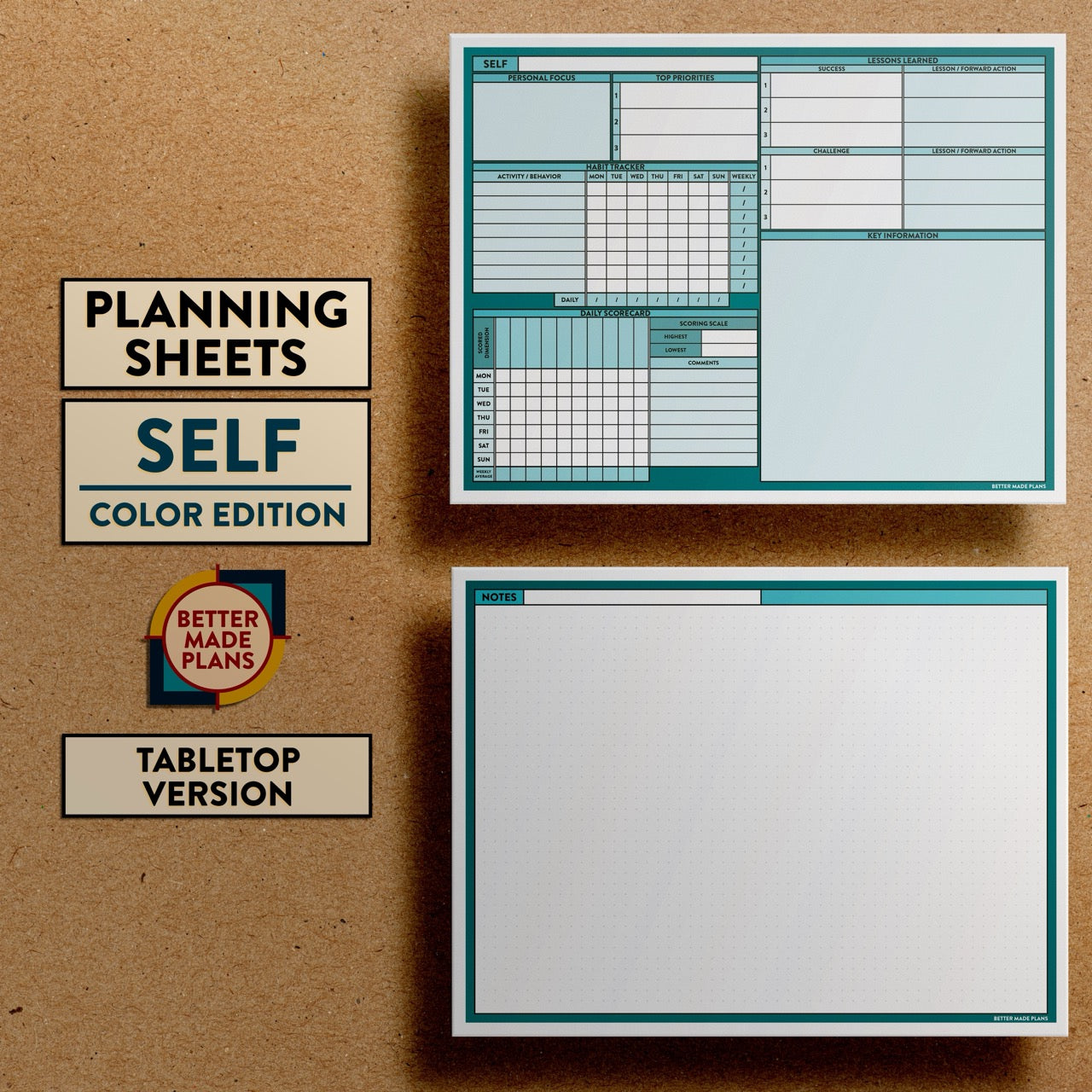 Front and back views of Better Made Plans Planning Sheets Self Version Color Tabletop Edition.