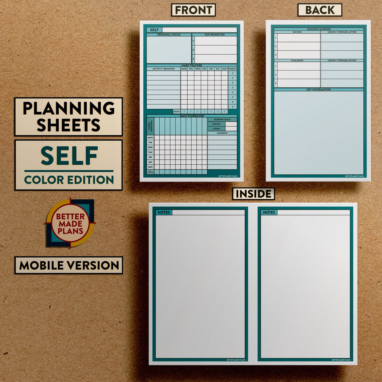 Front and back views of Better Made Plans Planning Sheets Self Version Color Mobile Edition.