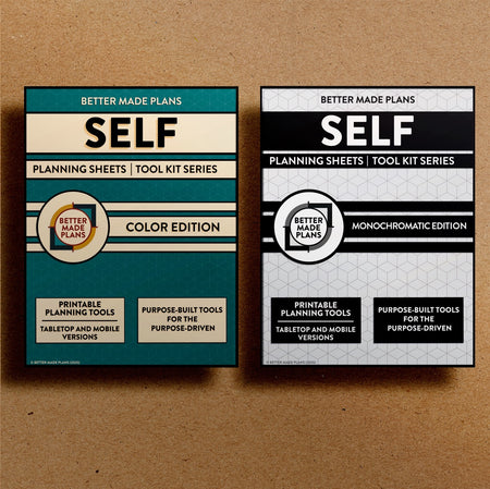 Front cover of the Better Made Plans printable Self Planning Sheets planner for both the color and monochromatic editions. Brown kraft paper background.