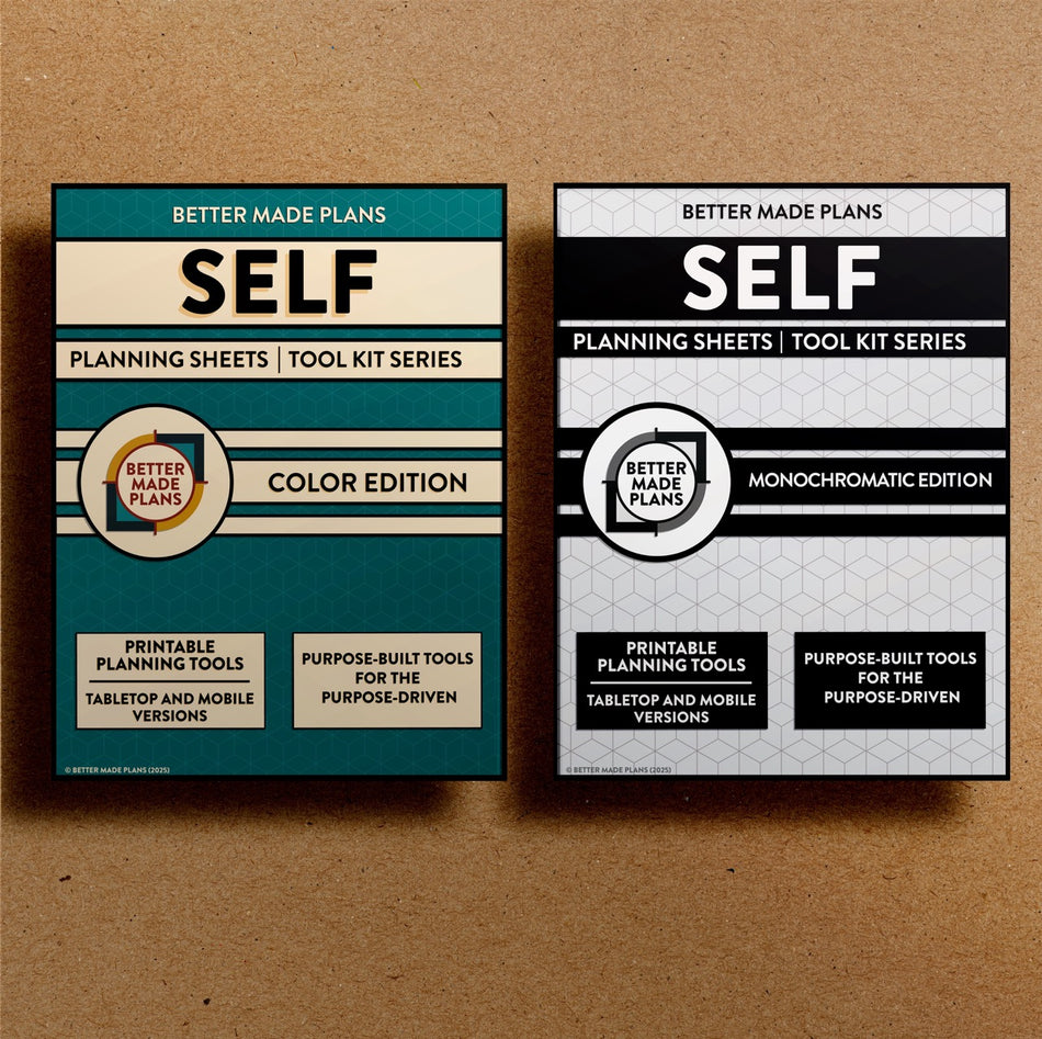 Front cover of the Better Made Plans printable Self Planning Sheets planner for both the color and monochromatic editions. Brown kraft paper background.