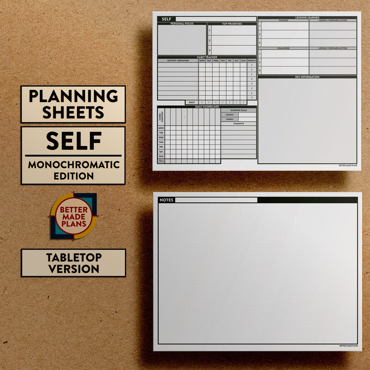Front and back views of Better Made Plans Planning Sheets Self Version Monochromatic Tabletop Edition.