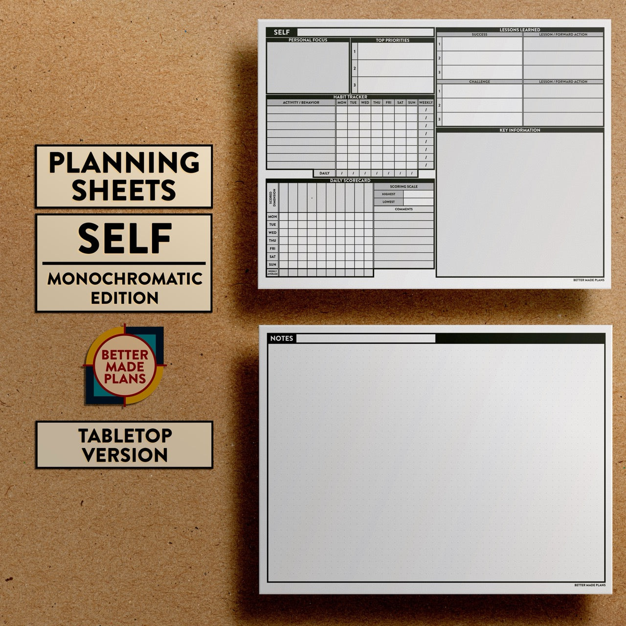 Front and back views of Better Made Plans Planning Sheets Self Version Monochromatic Tabletop Edition.