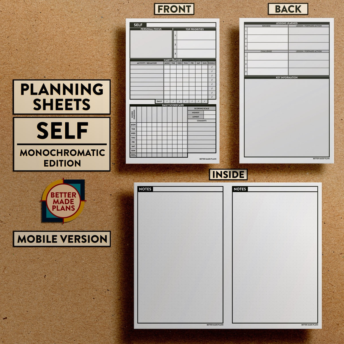 Front and back views of Better Made Plans Planning Sheets Self Version Monochromatic Mobile Edition.