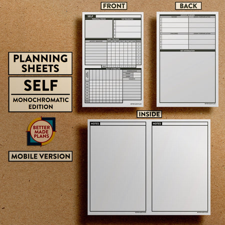 Front and back views of Better Made Plans Planning Sheets Self Version Monochromatic Mobile Edition.