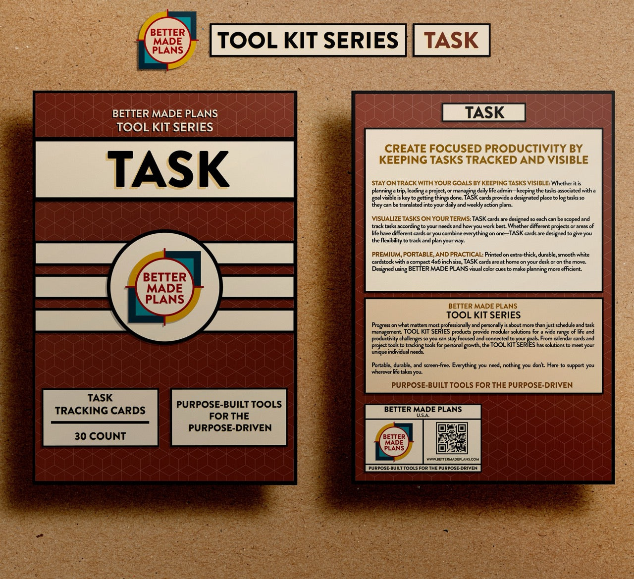 Front and back of packaging for Better Made Plans Tool Kit Series Task planner on a brown kraft paper background.