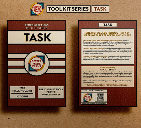 Front and back of packaging for Better Made Plans Tool Kit Series Task planner on a brown kraft paper background.