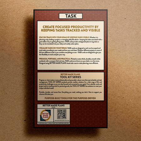 Back of packaging for Better Made Plans Tool Kit Series Task planner on a kraft paper background.