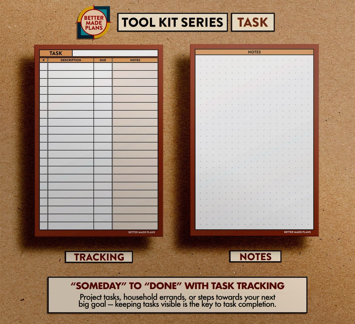 Front and back view of Better Made Plans Task planning card. Text at the bottom reads: "Someday" to "Done" with task tracking. Project tasks, household errands, or steps towards your next big goal—keeping tasks visible is the key to task completion.