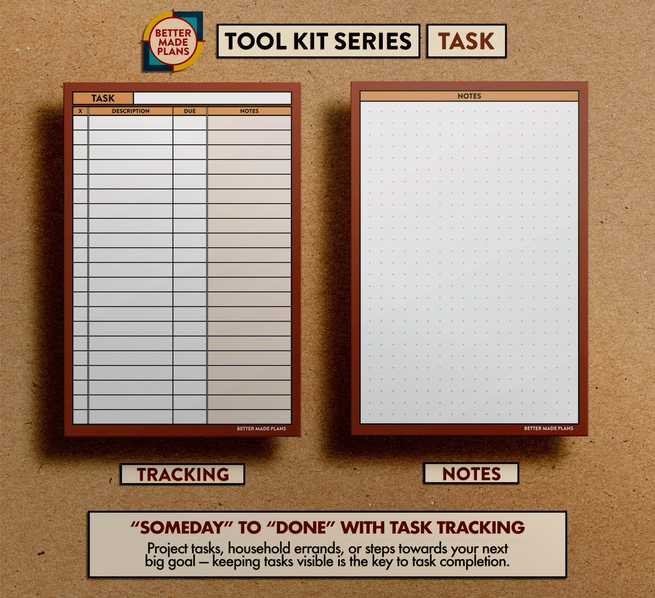 Front and back view of Better Made Plans Task planning card. Text at the bottom reads: "Someday" to "Done" with task tracking. Project tasks, household errands, or steps towards your next big goal—keeping tasks visible is the key to task completion.