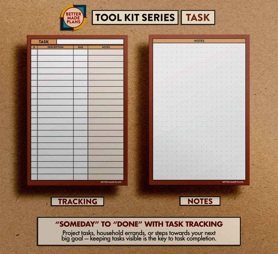 Better Made Plans Task planning card with front and back views on kraft paper background. Text at the bottom reads: "Someday" to "Done" with task tracking. Project tasks, household errands, or steps towards your next big goal—keeping tasks visible is the key to task completion.