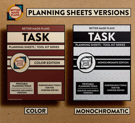 Comparison picture of the covers for color and monochromatic versions of the Better Made Plans Planning Sheets series Task edition. Covers appear on a brown kraft paper background with black and white labels.