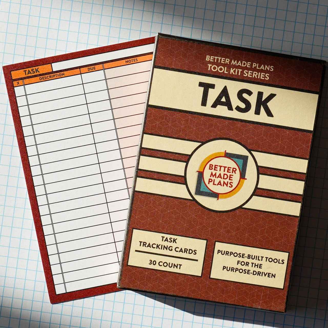 Better Made Plans Task planning card with packaging on grid background