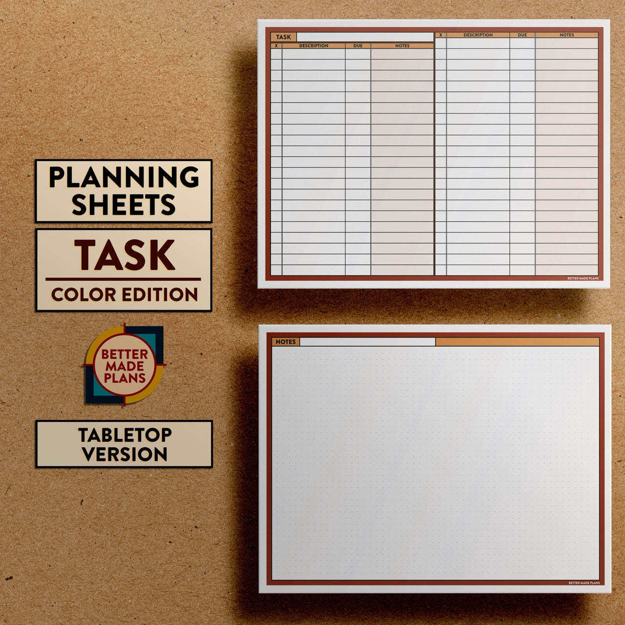 Front and back views of Better Made Plans Planning Sheets Task Version Color Tabletop Edition.