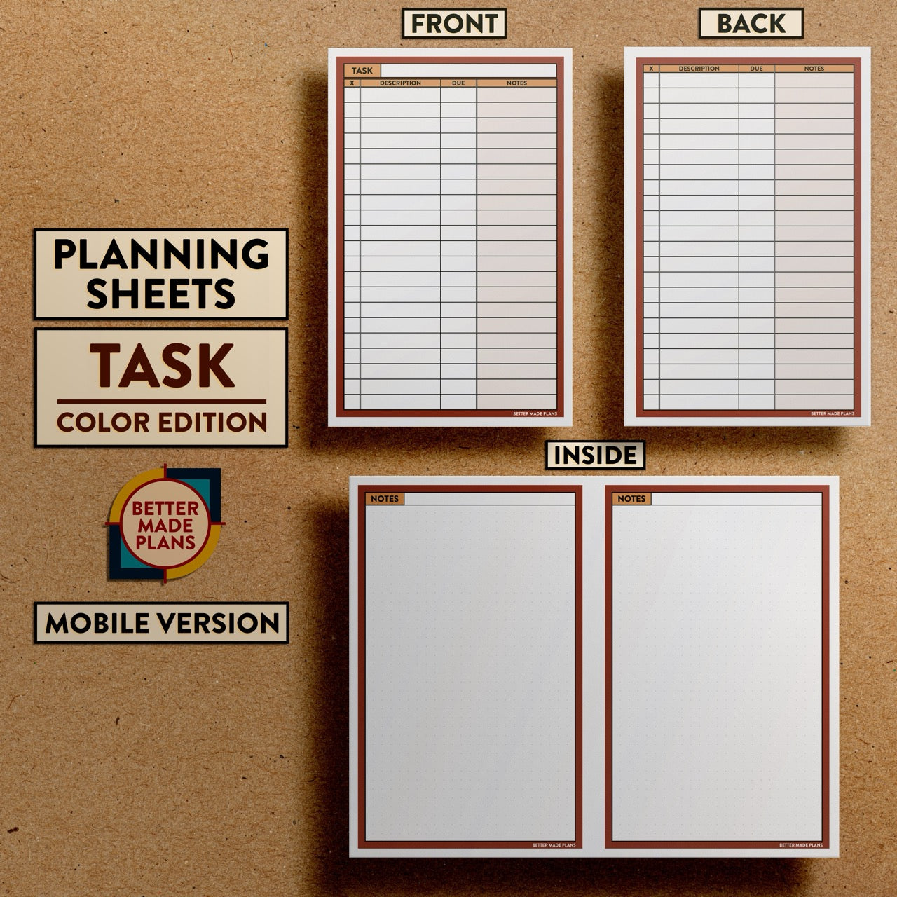 Front and back views of Better Made Plans Planning Sheets Task Version Color Mobile Edition.