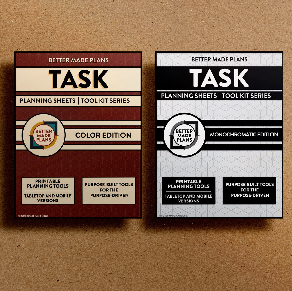 Front cover of the Better Made Plans printable Task Planning Sheets planner for both the color and monochromatic editions. Brown kraft paper background.