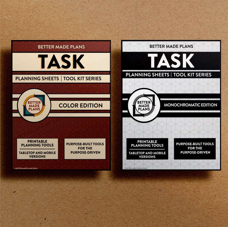 Front cover of the Better Made Plans printable Task Planning Sheets planner for both the color and monochromatic editions. Brown kraft paper background.