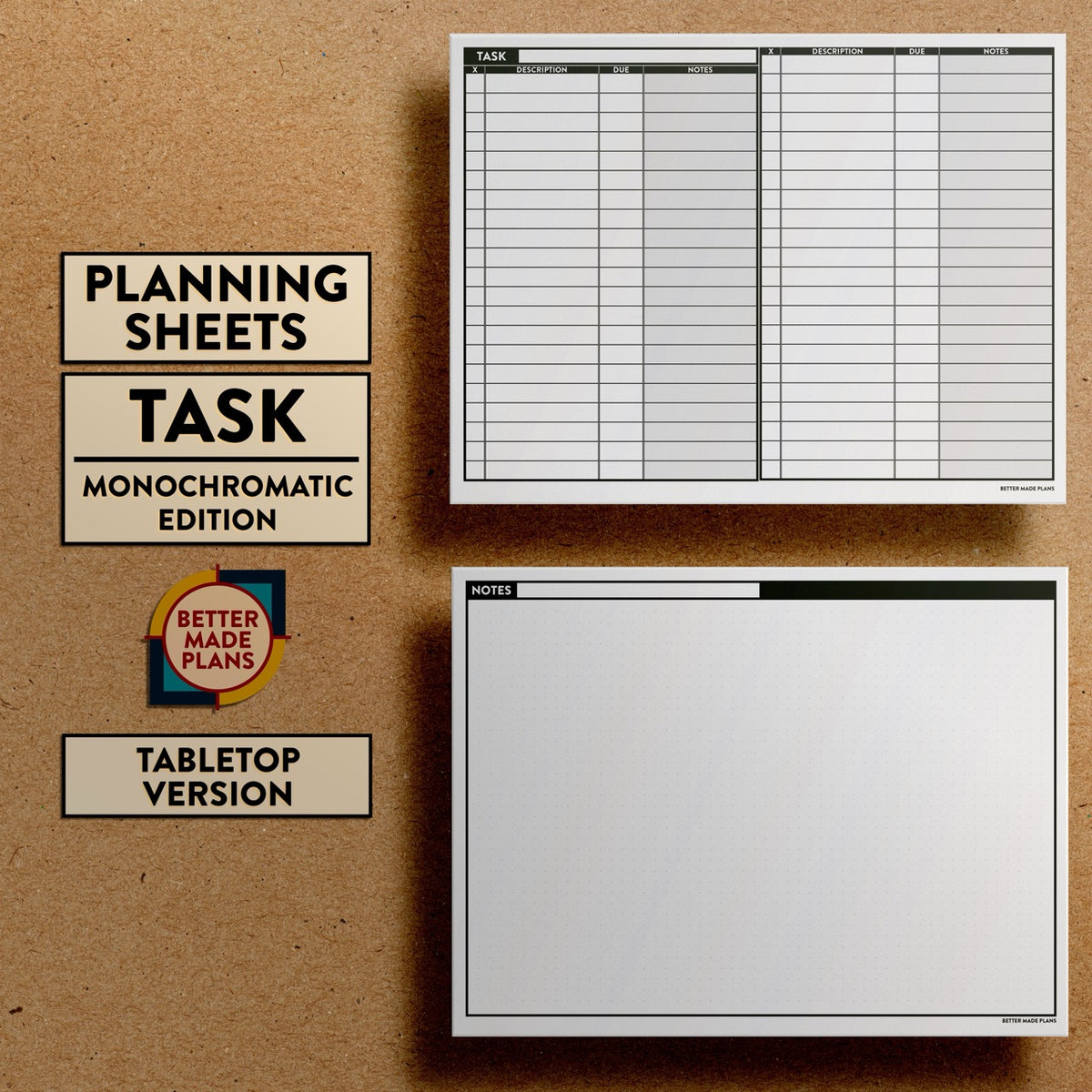 Front and back views of Better Made Plans Planning Sheets Task Version Monochromatic Tabletop Edition.