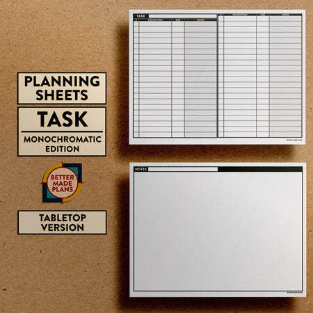 Front and back views of Better Made Plans Planning Sheets Task Version Monochromatic Tabletop Edition.