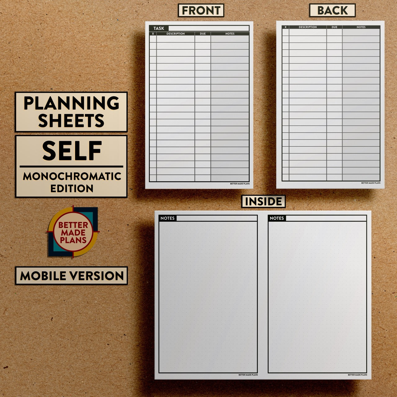 Front and back views of Better Made Plans Planning Sheets Self Version Monochromatic Mobile Edition.