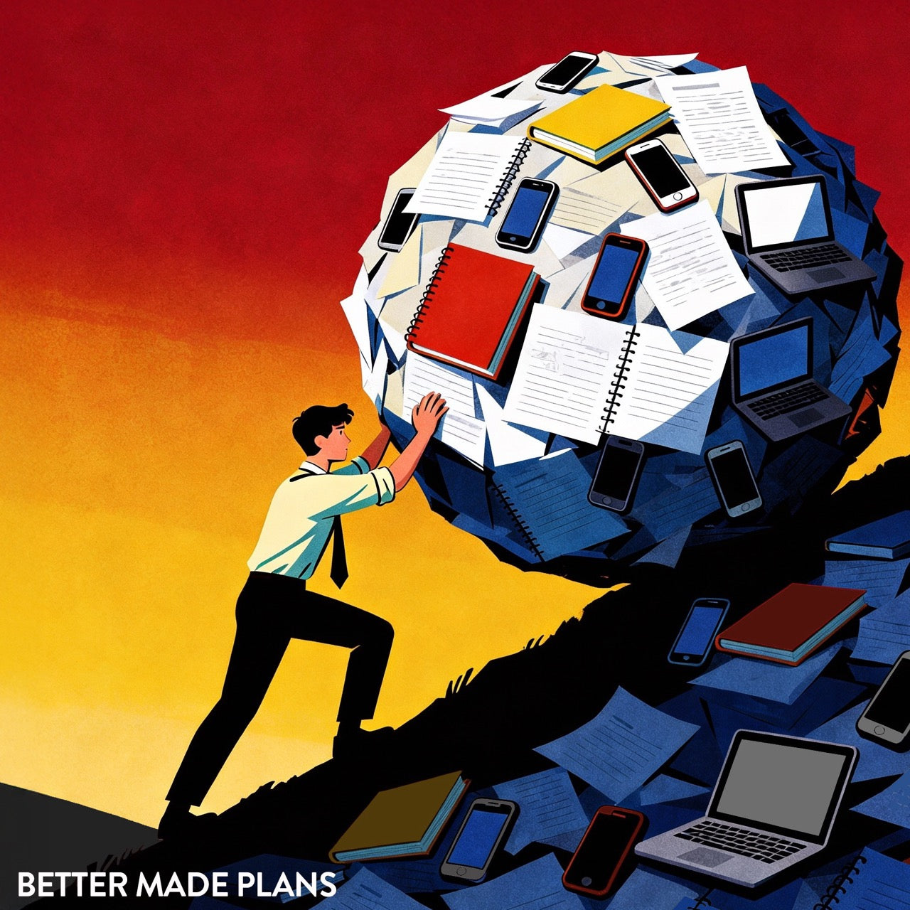Illustration of an individual in business attire pushing a giant boulder made out of paper, notebooks, laptop computers, and cellphones up a hill covered with papers, notebooks, and cellphones.