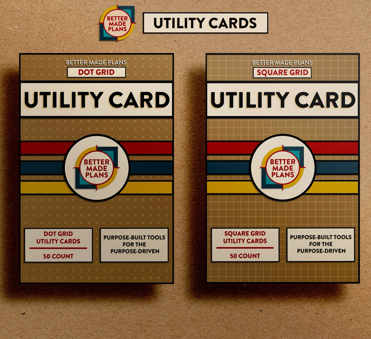 Front of Better Made Plans Utility Card Series Dot Grid and Square Grid packages on kraft paper background.