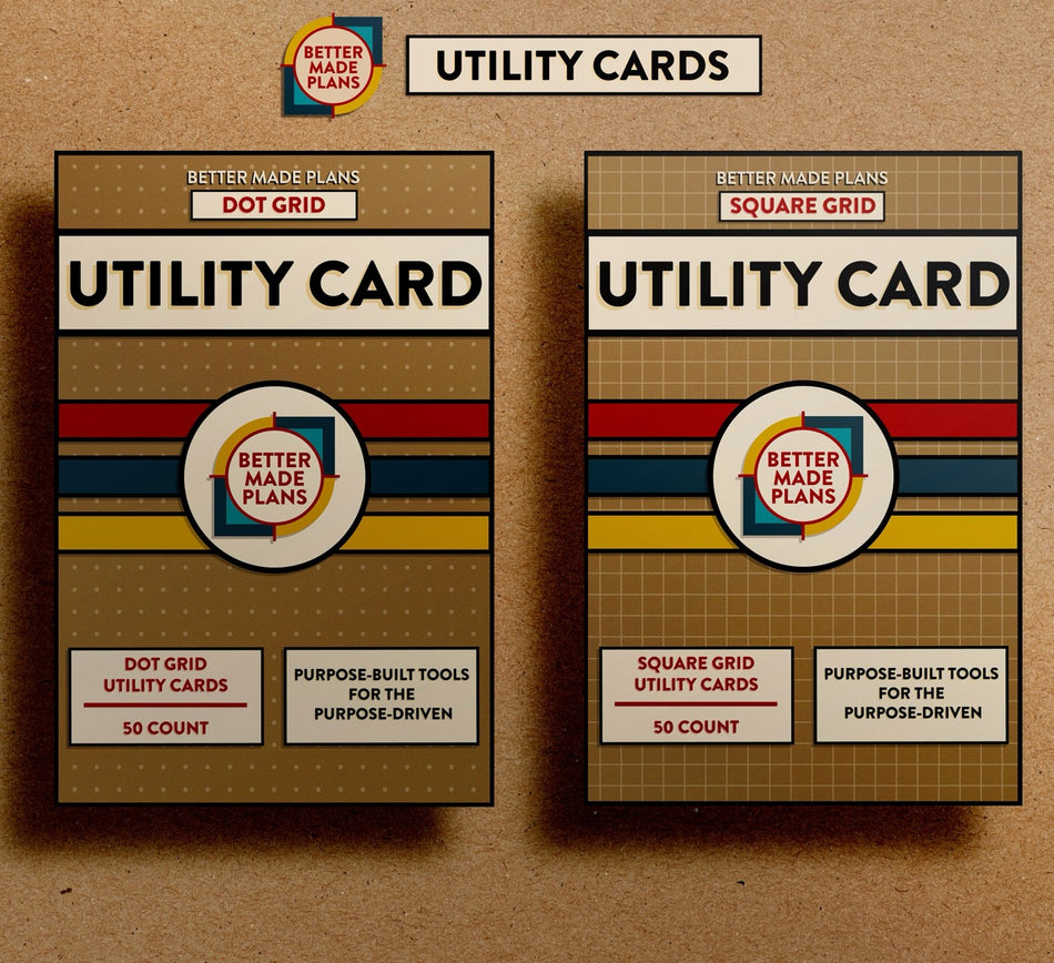 Front of Better Made Plans Utility Card Series Dot Grid and Square Grid packages on kraft paper background.