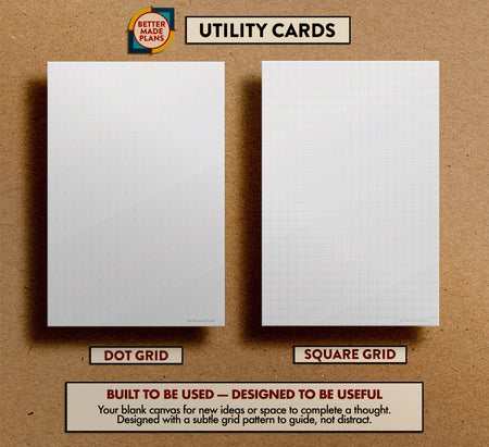 Comparison of Better Made Plans dot grid and square grid Utility Cards. Text at bottom reads: Built to be used— Designed to be useful. Your blank canvas for new ideas or space to complete a thought. Designed with a subtle grid pattern to guide, not distract.