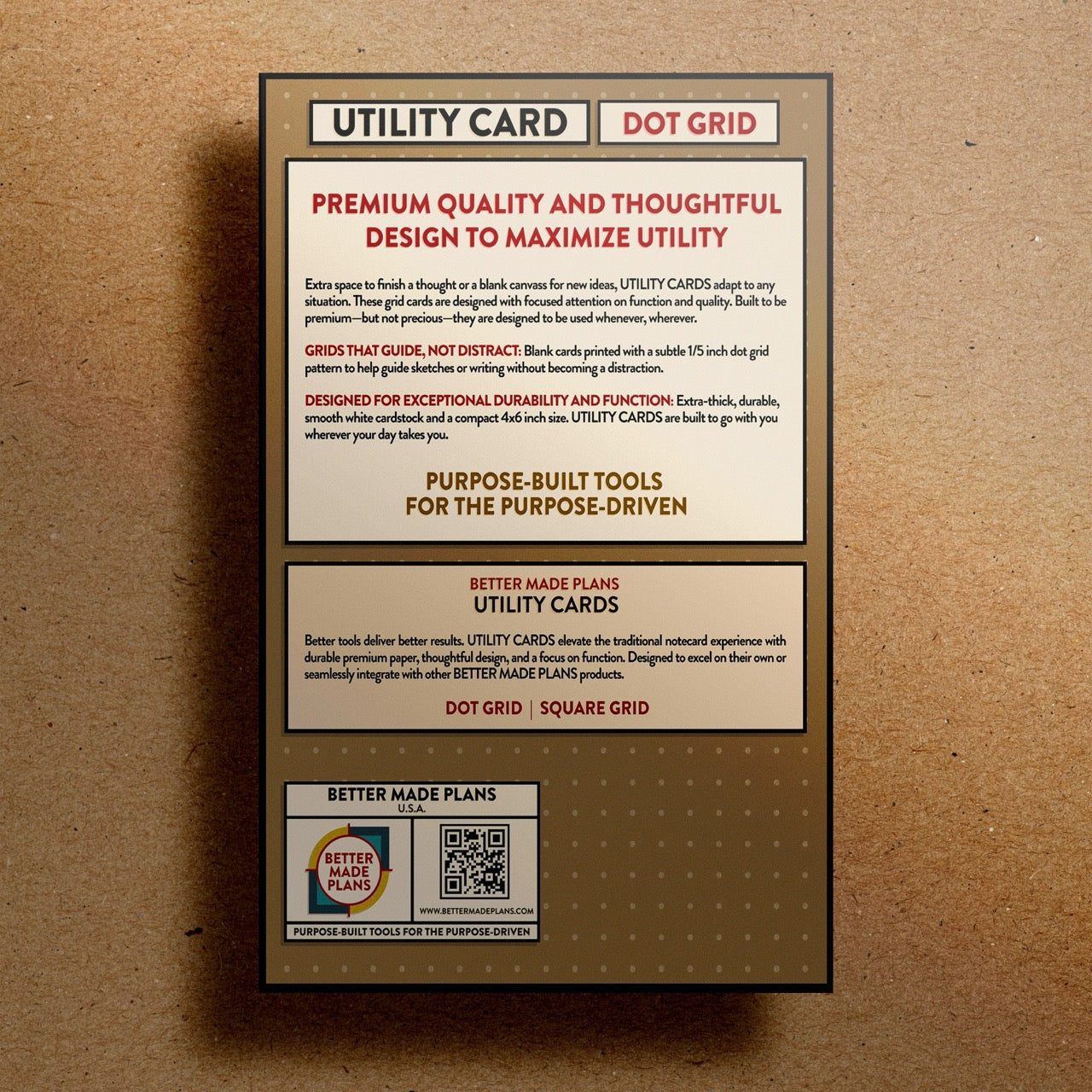 Back of packaging for Better Made Plans Utility Card Series Dot Grid cards on a kraft paper background.
