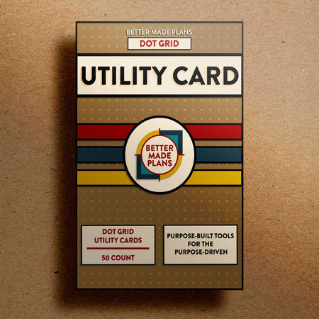 Better Made Plans Utility Card Series Dot Grid Edition planner packaging on a brown background.